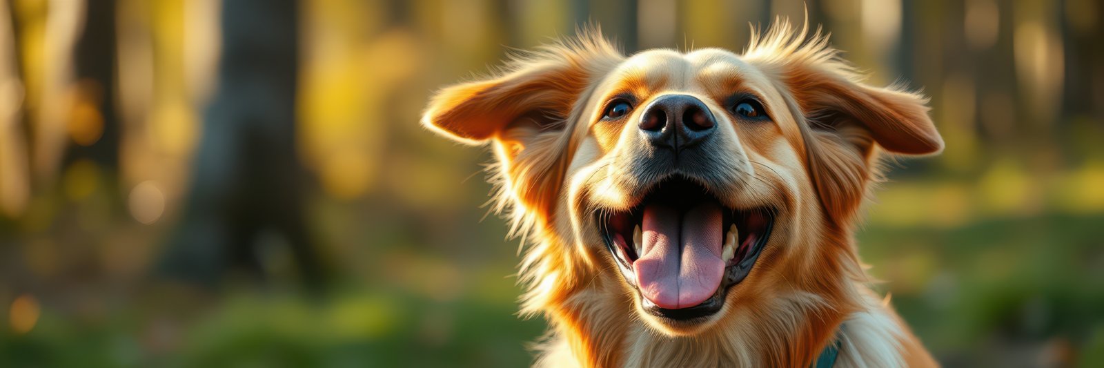 A cheerful golden retriever dog is pictured outdoors in a park setting
